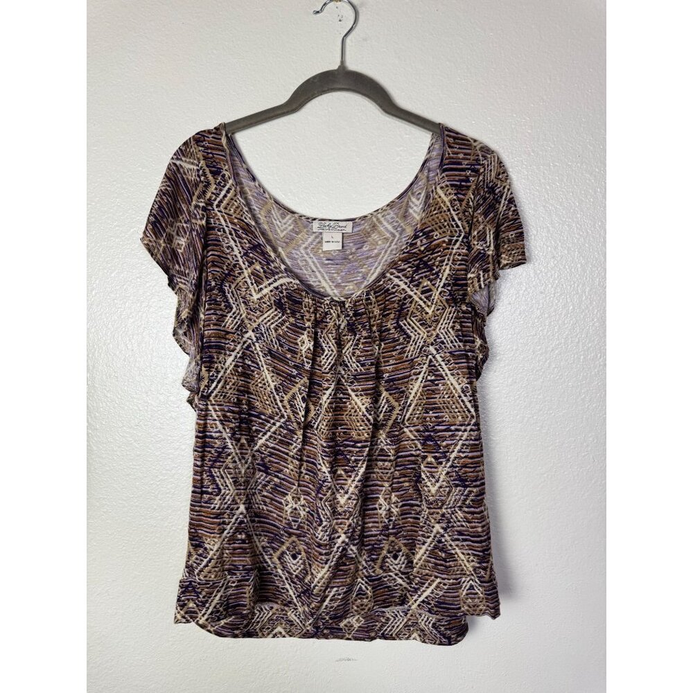 Lucky Brand Womens Geometric Short Sleeve Blouse Top Size Large Boho Peasant
